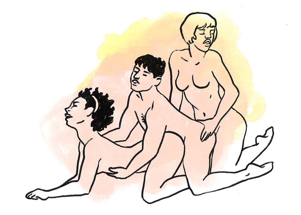 ilustração posição sexual de quatro com 2 mulheres e um homem