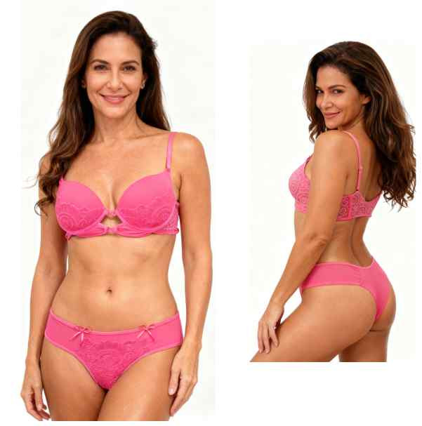 mulher vestida em conjunto de lingerie calcinha sutiã com abotoadores na frente