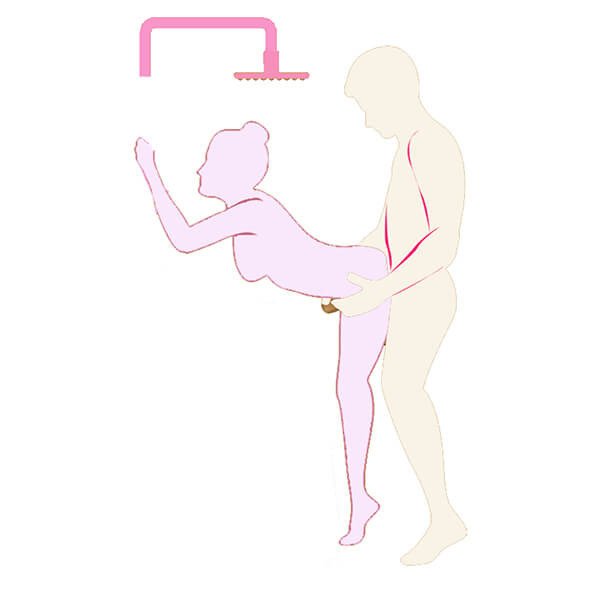 Imagem ilustrativa de um casal em pé debaixo do chuveiro com um vibrador à prova d´água