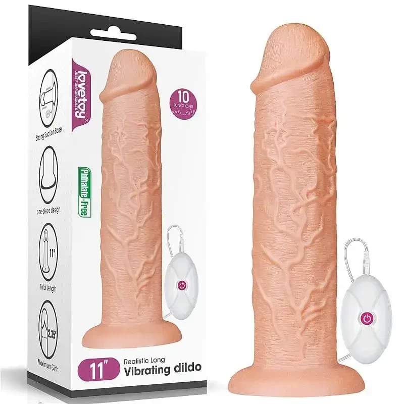 Pênis de borracha gigante com ventosa e vibração 28 cm por 6 cm