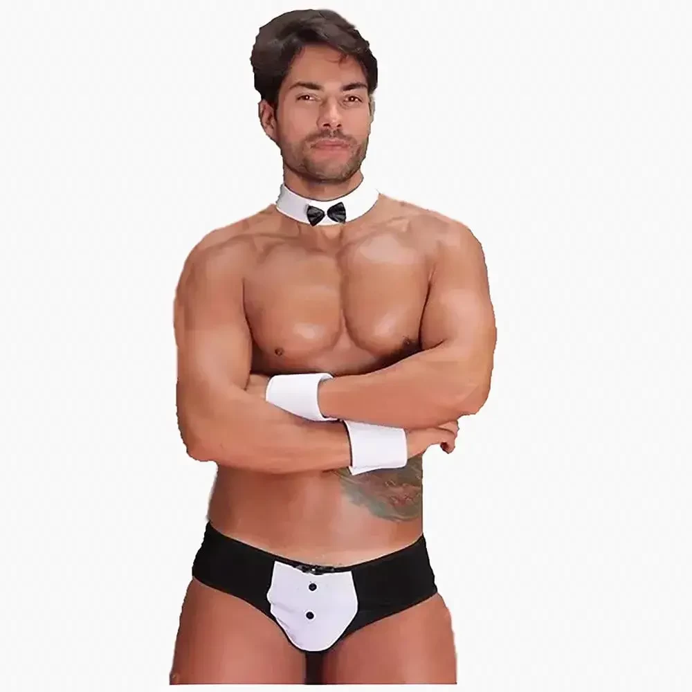 homem vestido com Kit Fantasia Gogo Boy Garçom Tamanho GG