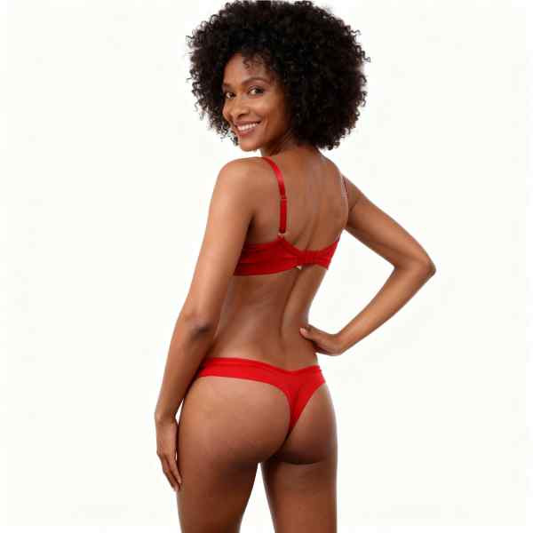 mulher de costas vestida em conjunto de lingerie com renda e tule cor vermelha tamanho pequeno