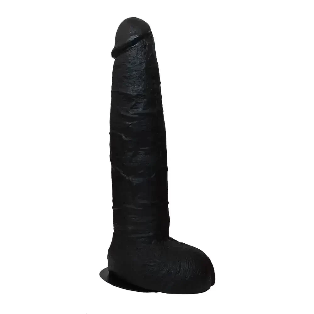 Pênis Dildo De Borracha Realístico Gigante Átila Ventosa E Escroto Penetráveis 27x 5,6cm Preto