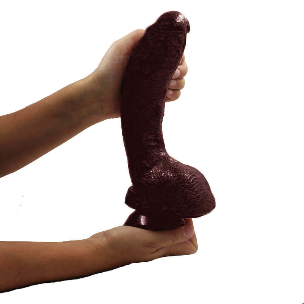 Imagem de duas mãos segurando pênis de borracha marrom com ventosa