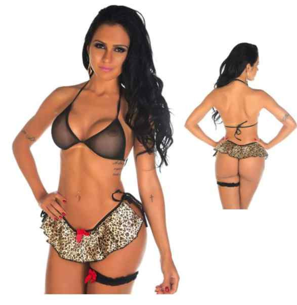 mulher de frente e de costas vestida em mini fantasia selvagem