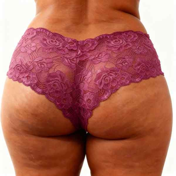 meio corpo de mulher de costas vestida em calcinha caleçon gg cor uva rosada