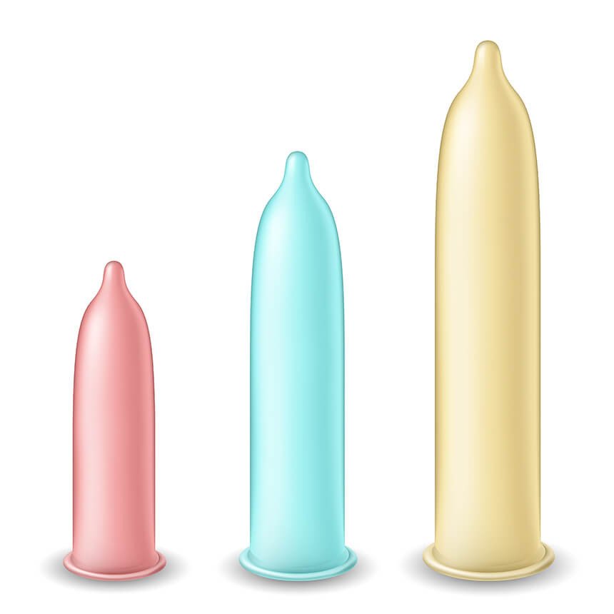 ilustração tamanho diferentes de preservativos coloridos
