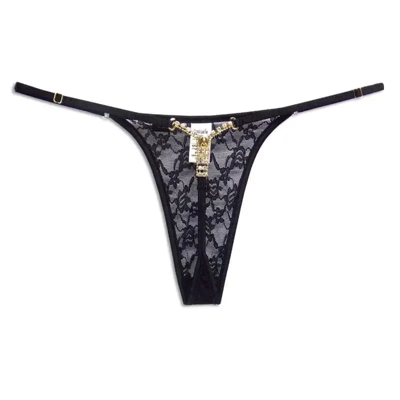 Calcinha Zíper. Zinga. Em Renda. Na cor preta. Sensualle