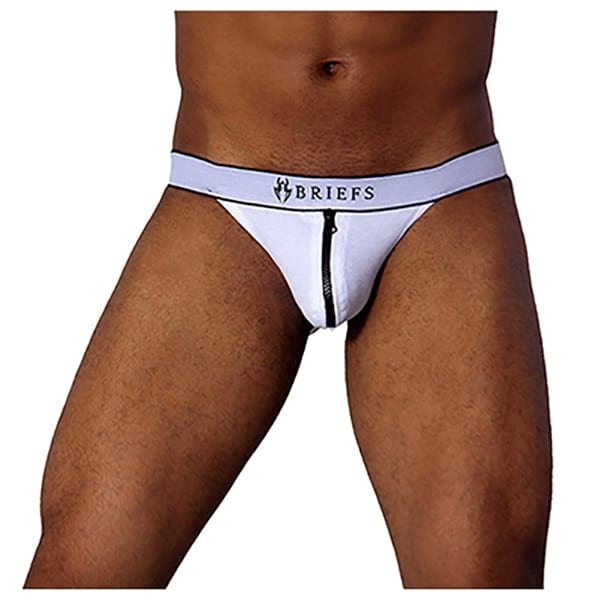 vista frontal Cueca Jockstrap Masculina Branca Zipfasteer Tamanho Unico