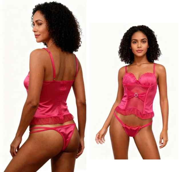 mulher vestida em espartilho cinta liga de cetim vermelho