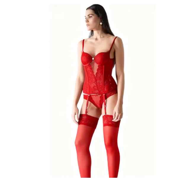 mulher vestida em espartilho vermelho corselet vermelho em tule malha e renda e adorno
