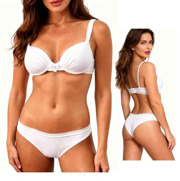 mulher jovem vestida em conjunto de lingerie básica branca