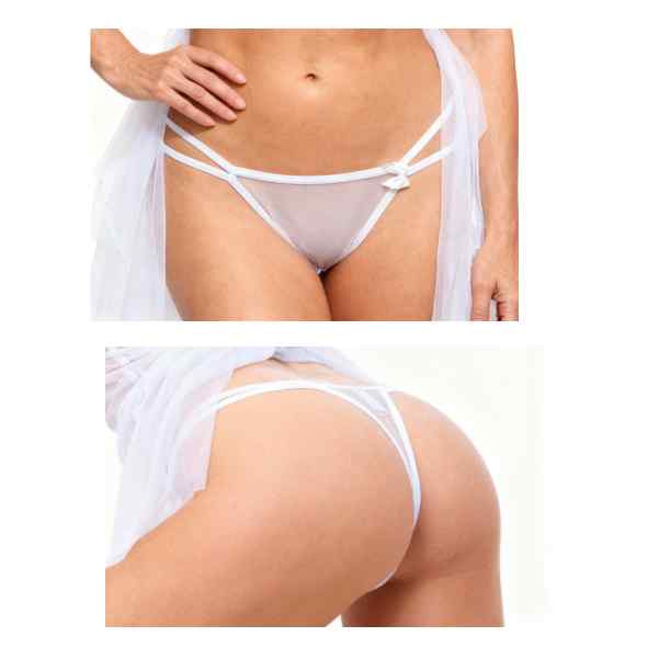 detalhes da calcinha de frente e de costas  do conjunto de camisola branca renda com bojo com aro sem enchimento