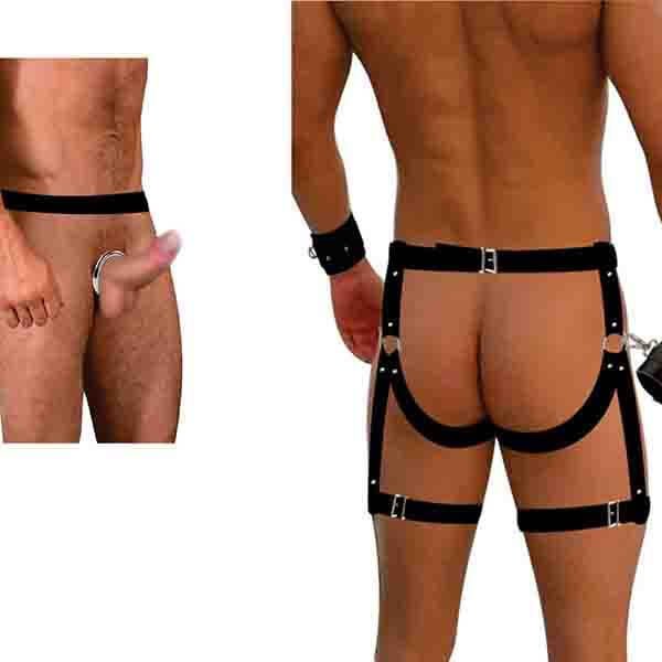 Harnes de Corpo Algemas e Anel Peniano Metal Acoplado. Couro Ecológico. Tamanho Unico