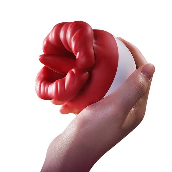 imagem de mão feminina segurando boca com língua vibratoria