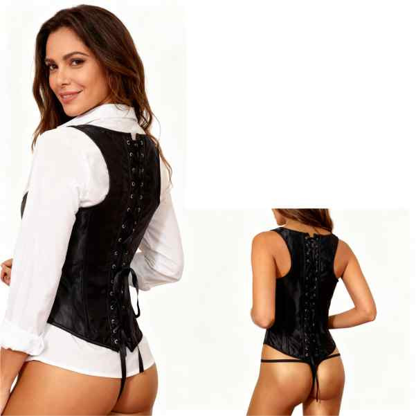 mulher de frente e de costas vestida com conjunto de calcinha e corpete redutor de cintura sobre camisa branca de mangas