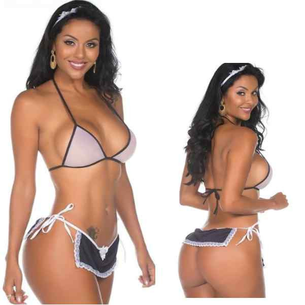 mulher de frente e de costas vestida em mini fantasia empregada