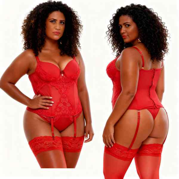 mulher vestida em espartilho corselet vermelho de frente e de costas