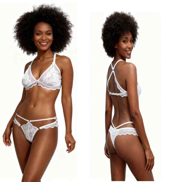 imagem de mulher de frente e de costas vestida em conjunto de lingerie branca em renda estilo strappy sem bojo