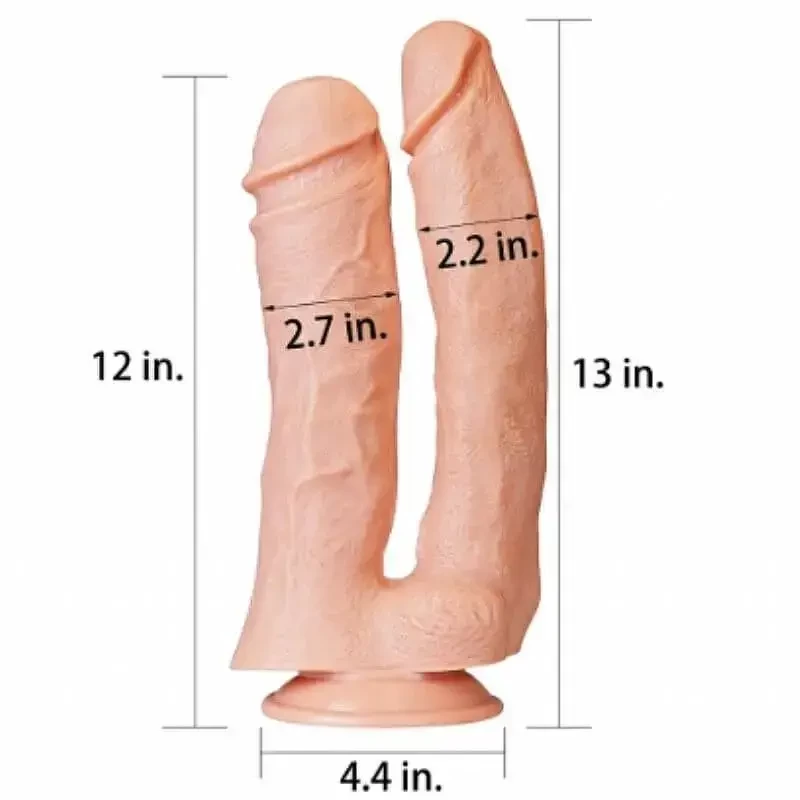 Imagem de pênis duplo gigante com texto informando as dimensões da peça