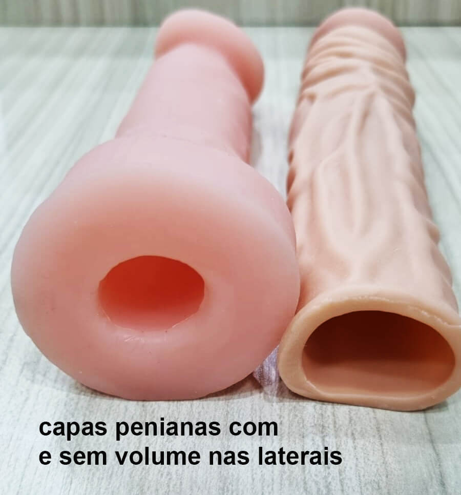 imagem de capas penianas feitas em cyberkin com grossura, textura e extensor diferentes