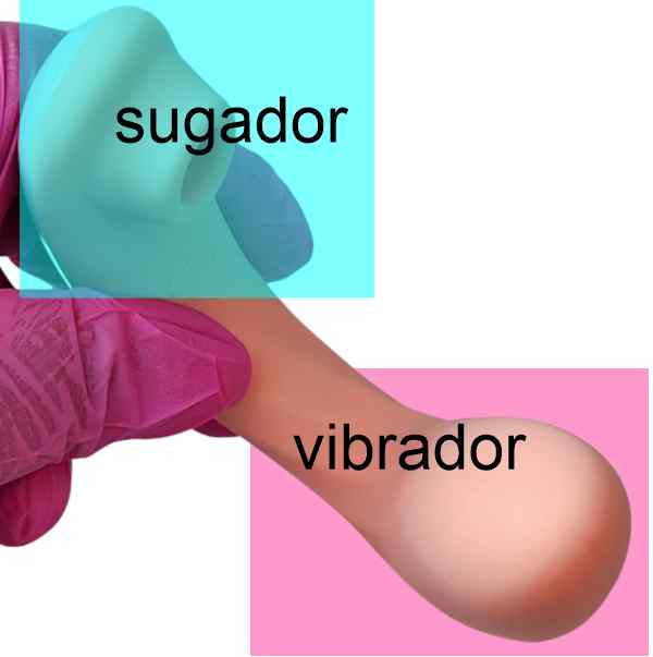 Só Prazer e Cia imagem de modelo de sugador 2 em 1 mostrando cada extremidade do aparelho e função