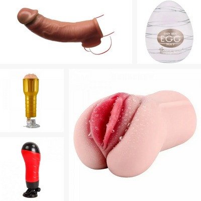 Fotomontagem em fundo branco com 5 modelos de masturbadores masculinos. Uma capa peniana, um egg masturbador, um fleshlight tipo lanterna para masturbacao e uma mini replica deuma vulva feita em silicone