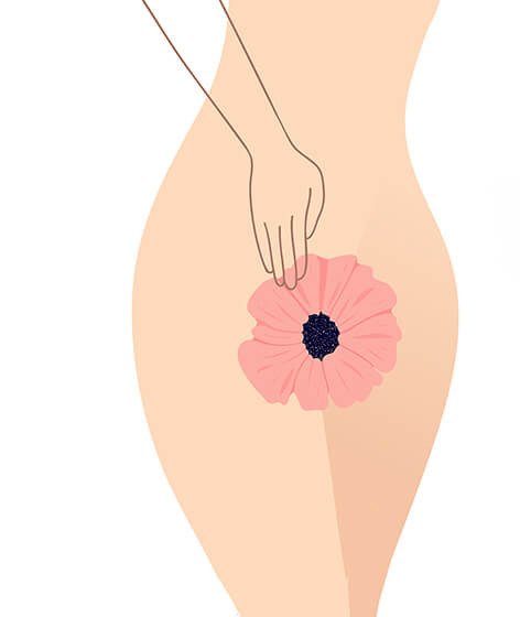 ilustração de silhueta de mulher em pe com a mão na genitália que tem formato de flor