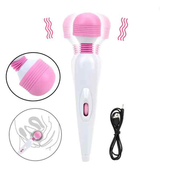 mini vibrador varinha magica 18cm recarregável com cabo carregador preto e detalhes da cabeça estimuladora flexível