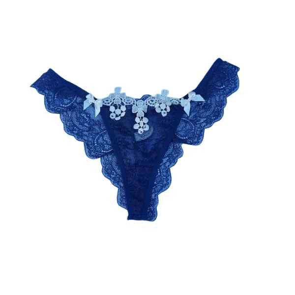 detalhes da calcinha do connjunto lingerie azul com bordado e renda tamanho g