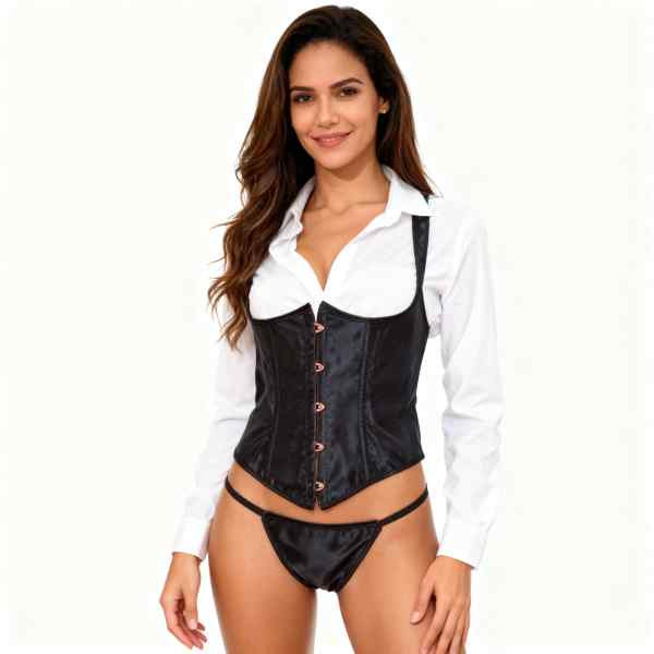 mulher de frente vestida com conjunto de calcinha e corpete redutor de cintura sobre camisa branca de mangas