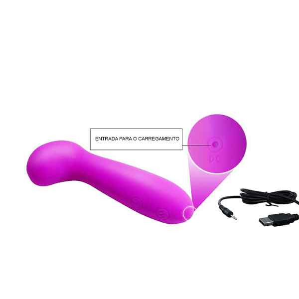 vibrador silicone hiram pretty love com legenda indicando o local para o carregamento