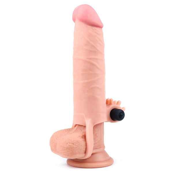 capa peniana cyberskin com vibração extensora vestida em penis de borracha