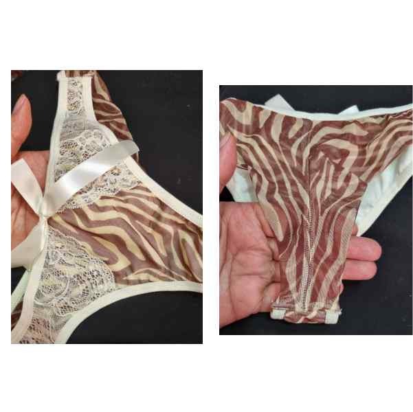 detalhes da calcinha parte da frente e de trás lingerie plus size com padronagem animal print