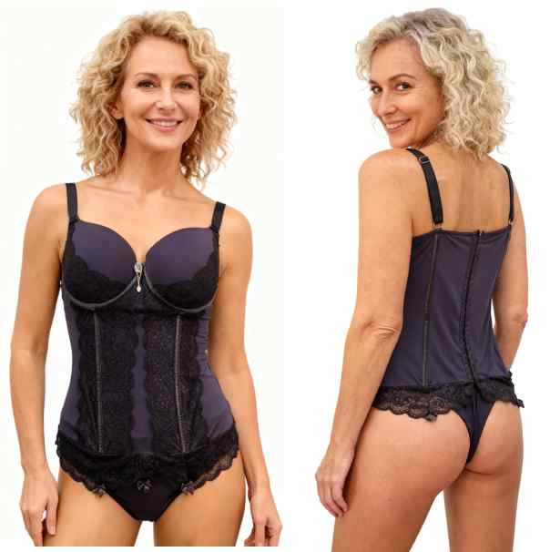 mulher em pose de frente e de costas vestida em conjunto de espartilho corselet preto ajuste por colchete nas costas