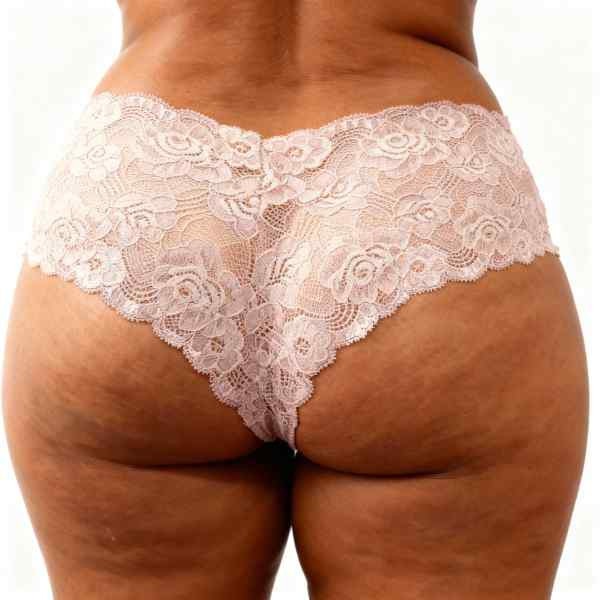 meio corpo de mulher de costas vestida em calcinha caleçon gg creme