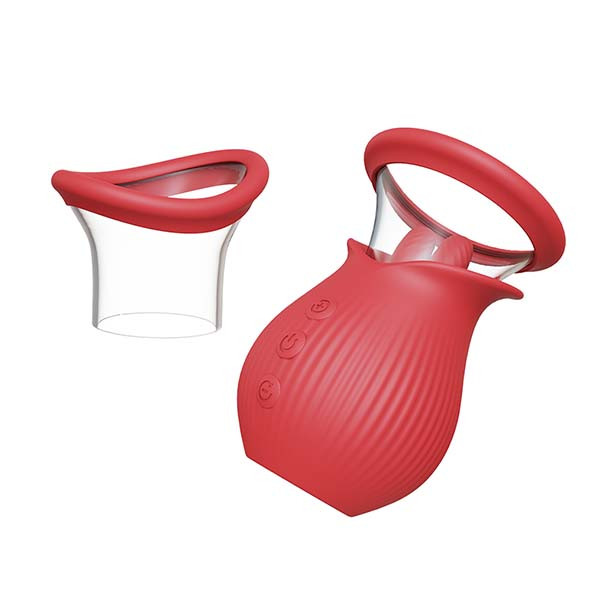 imagem lateral do aparelho suga clitoris com dois massageadores e bocal mamilos