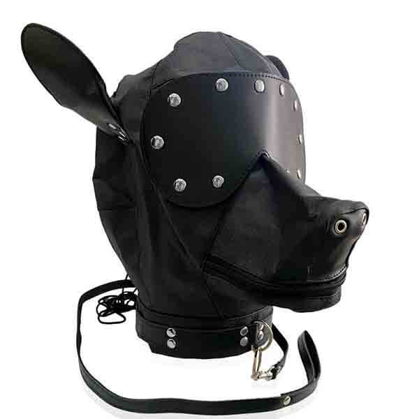 Máscara Pet Play Cachorro Ajustável. Com Focinho, Tapa Olhos Removível e Puxador. Respirável