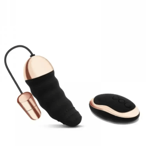 foto de um vibrador do tipo bullet nas cores preto e rosa, ao lado do controle remotos sem fio