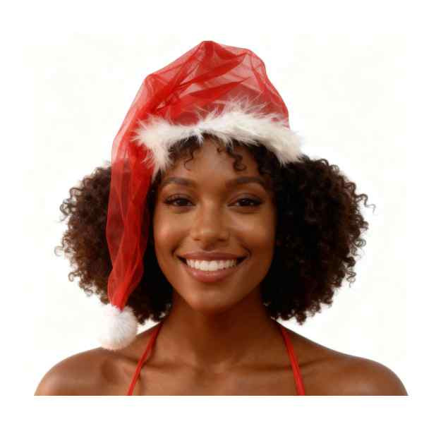 mulher de frente usando gorro de mamãe noel