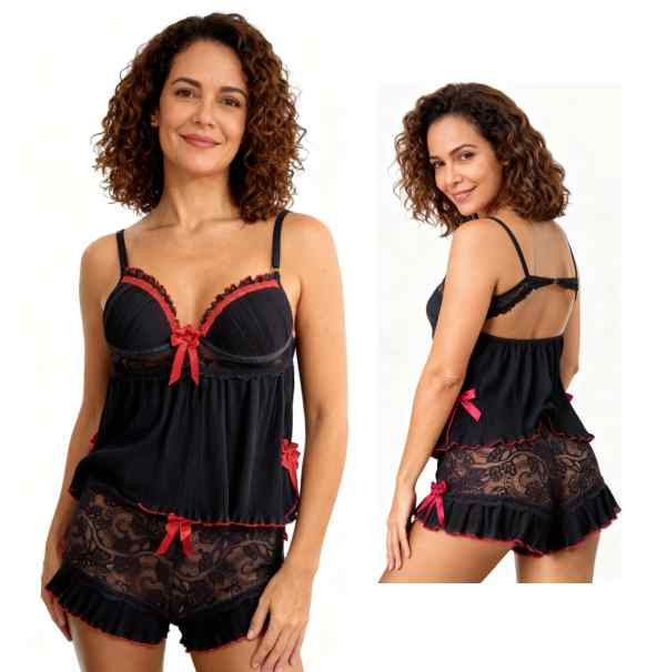 mulher vestida em short doll preto com detalhes na cor vermelha