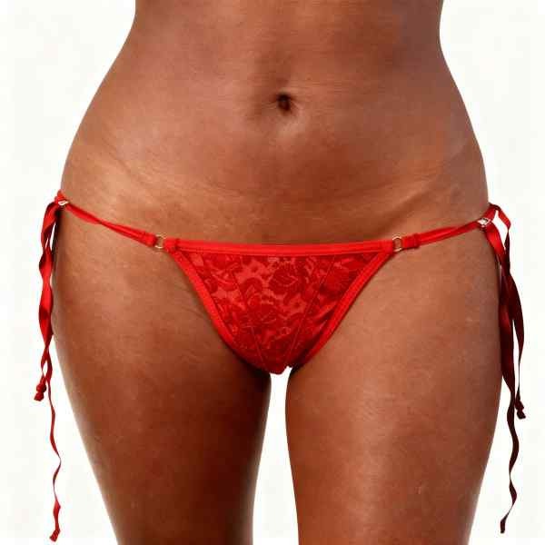 meio corpo de mulher de frente vestida em calcinha oncinha de amarrar arregaça vermelha