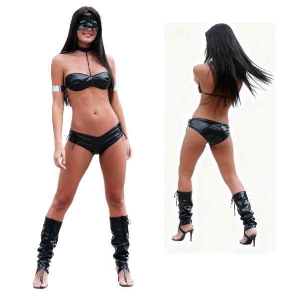 mulher de frente e de costas vestida em fantasia de mulher gato