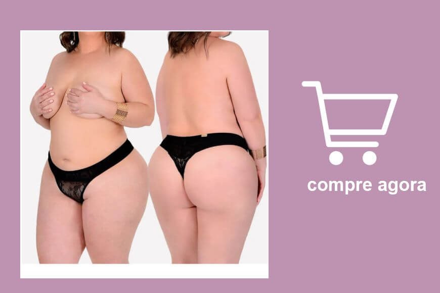 mulher plus size vestida em calcinha fio dental duplo na cor preta