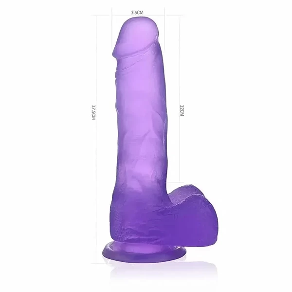 Imagem penis de silicone transparente roxo mede 17 cm por 3,5 cm