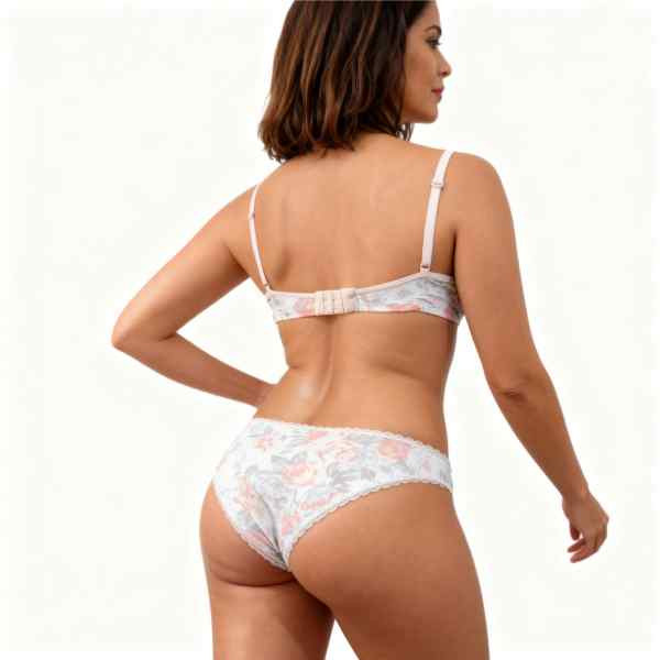 mulher de costas vestida com conjunto de lingerie floral