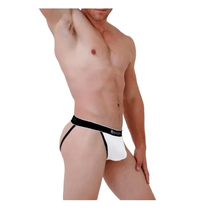 homem de perfil mostrando cueca jockstrap basica branca