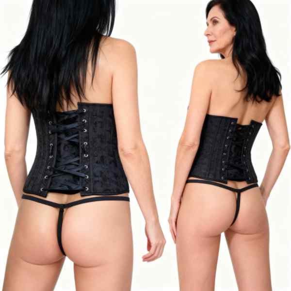 mulher de costas vestida em conjunto de corpete underbust redutor de cintura tamanho médio