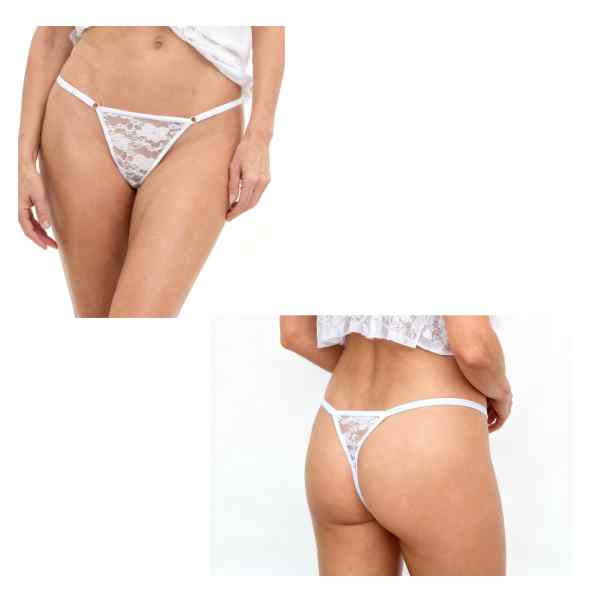 detalhes calcinha de frente e de costas mulher vestida em conjunto de camisola branca com bojo com aro sem enchimento