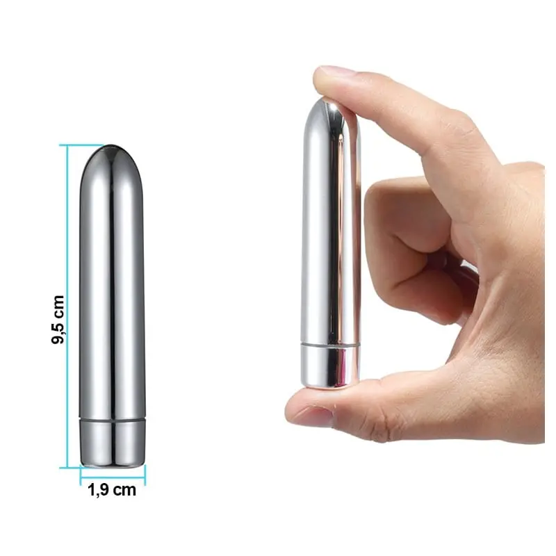 Imagem de dedos segurando Vibrador bullet. 7 vibrações poderosas. Recarregável